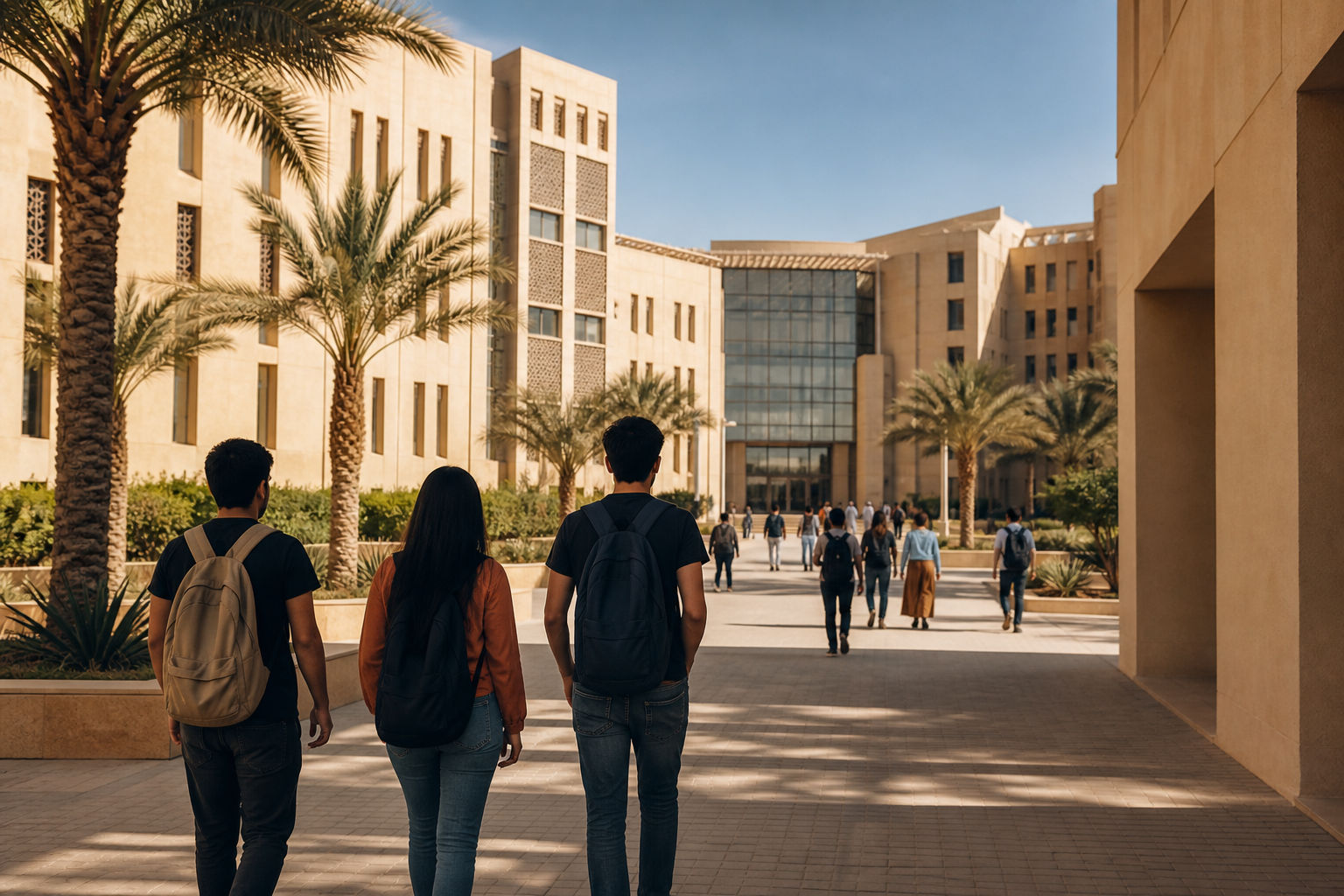 Campus universitaire baigné de lumière, étudiants en chemin vers les cours.